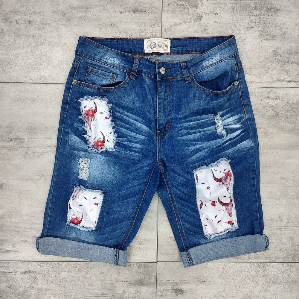 L&B Women's Western Cow skull Denim Jean Boyfriend Bermuda Shorts Size 14